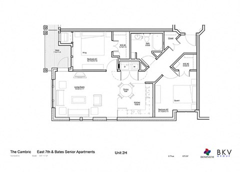 Floor plan for 2 beds, 1 bath, 970 sqft
